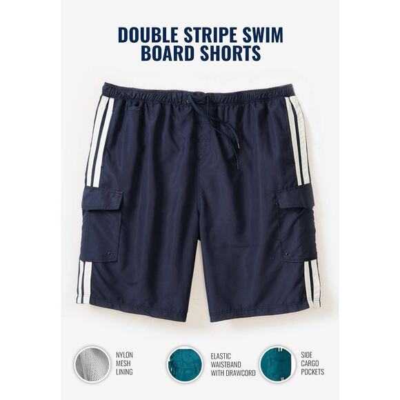 KS Island Men’s Big & Tall Navy Blue Double Stripe Swim Board Shorts - Picture 2 of 13